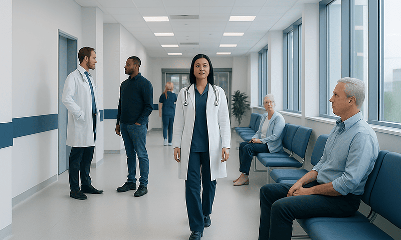 Medical team and patients in a hospital corridor at Acibadem Hospitals Group.