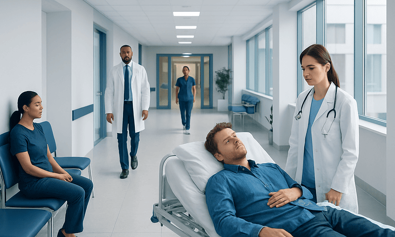 Hospital corridor with patient and medical staff attending to him.
