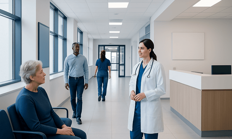 Healthcare professionals and patient in a modern hospital corridor.