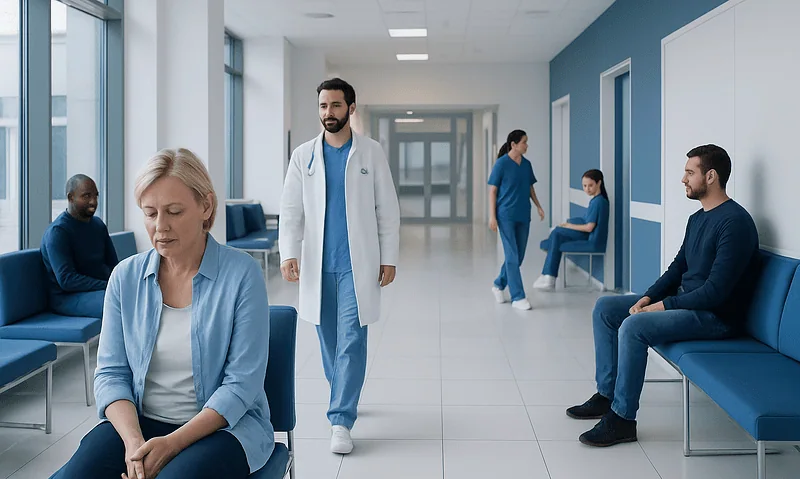 Patients waiting in a hospital corridor with medical staff present.
