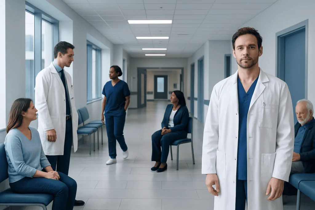 Plaque Psoriasis: A Complete Medical Overview 1 Medical team in hospital corridor with patients waiting.