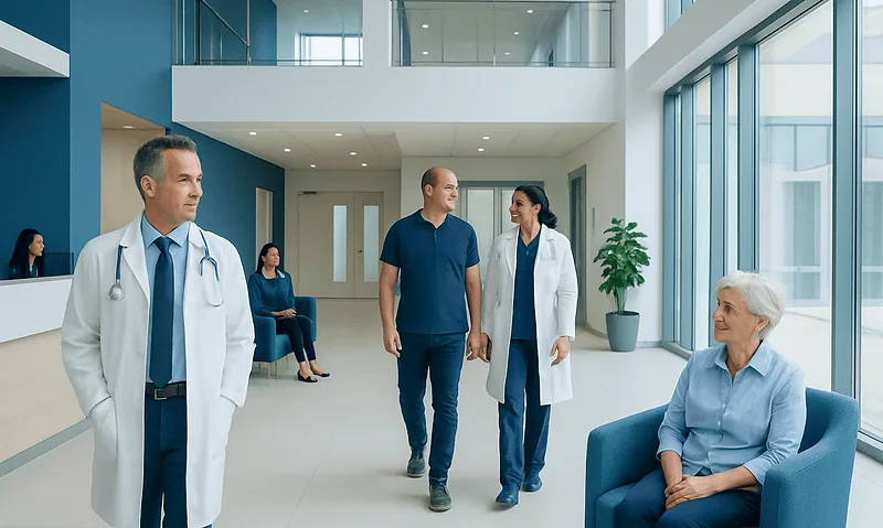 Medical team consulting with elderly patient in hospital lobby.