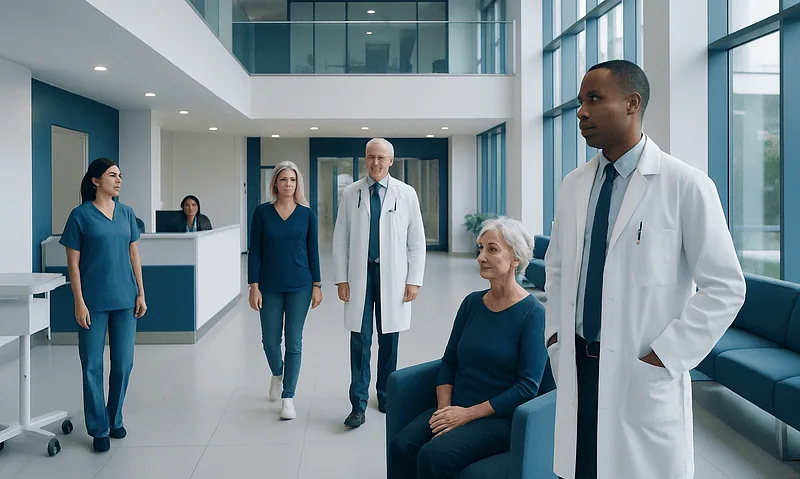 Medical team consulting with patient in modern hospital lobby.