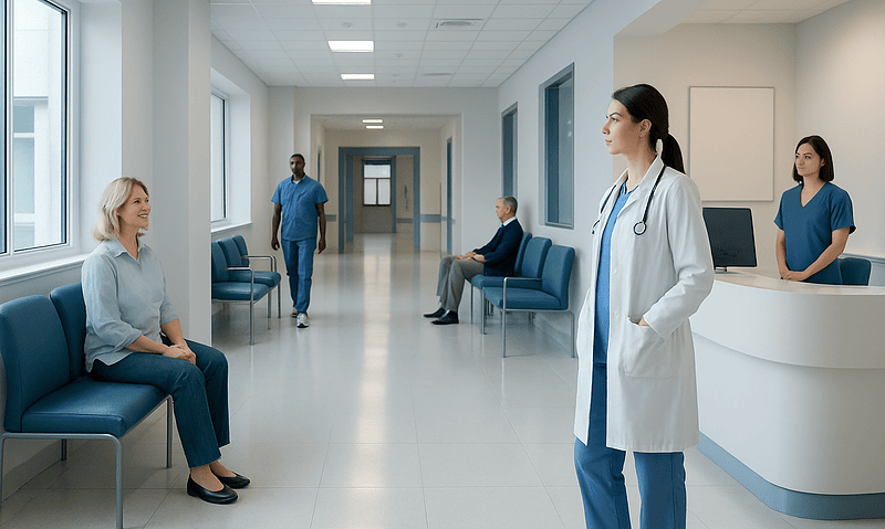 Hospital waiting area with patients and medical staff.