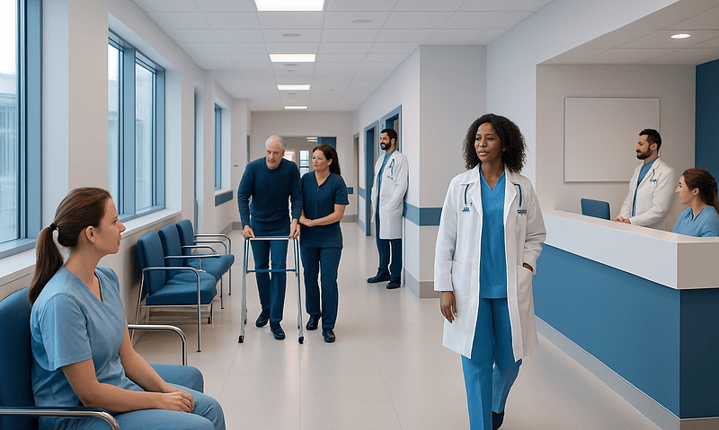 Medical professionals and patient in a hospital corridor at Acibadem Hospitals Group.