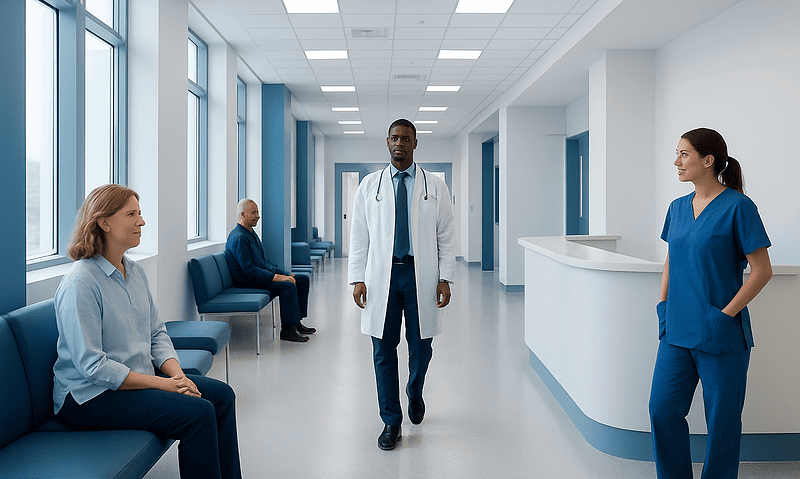 Medical professionals and patients in a modern hospital corridor.