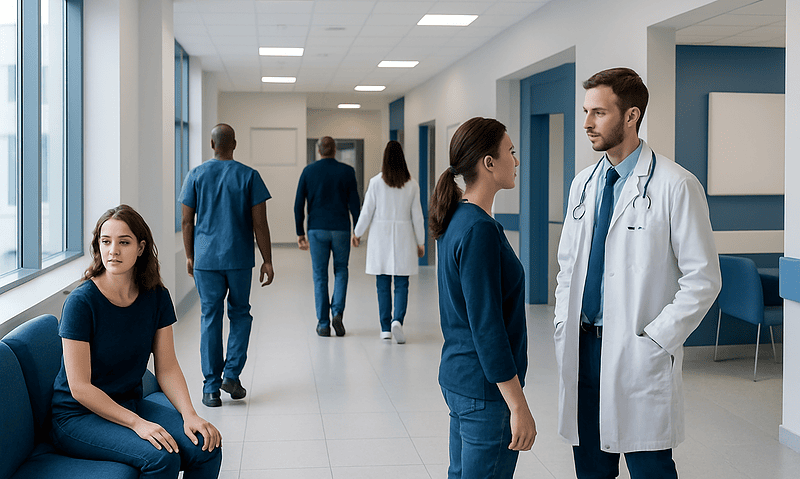 Healthcare professionals and patients in a hospital corridor at Acibadem Hospitals Group.