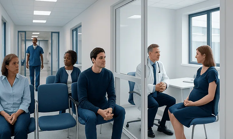 Patients waiting for medical consultation in a modern hospital corridor.