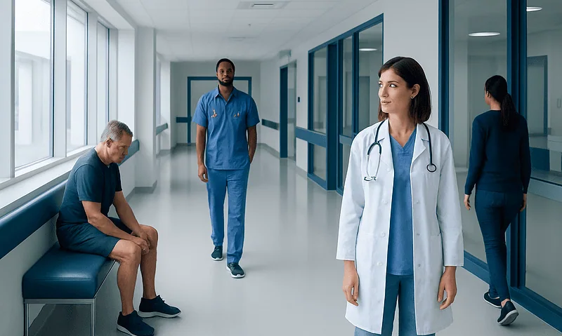Medical professionals and patient in a hospital corridor at Acibadem Hospitals Group.