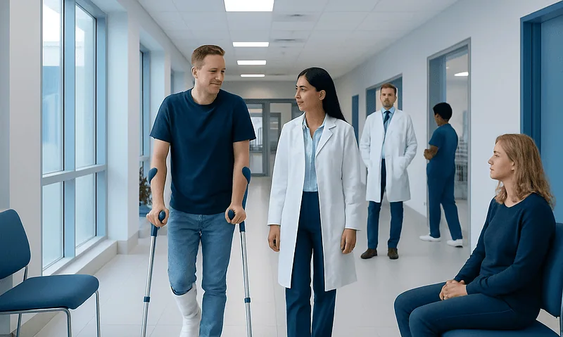 Patient with crutches talking to doctor in hospital corridor.