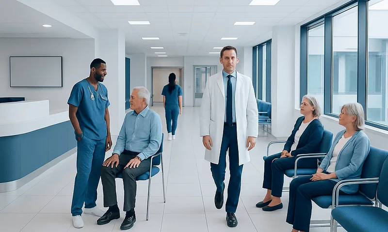Medical team consulting elderly patients in a hospital corridor.