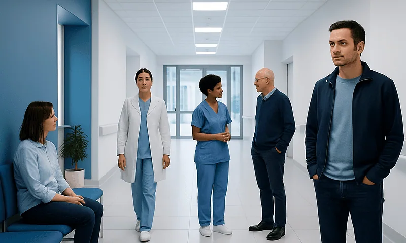 Medical professionals and patient in hospital corridor at Acibadem Hospitals Group.