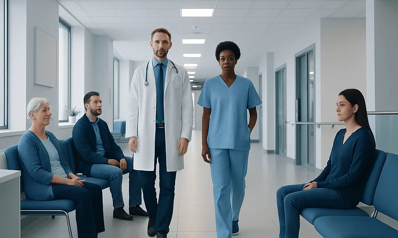 Medical team in hospital corridor with patients waiting.