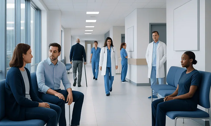 Patients waiting and doctors consulting in a modern hospital corridor.