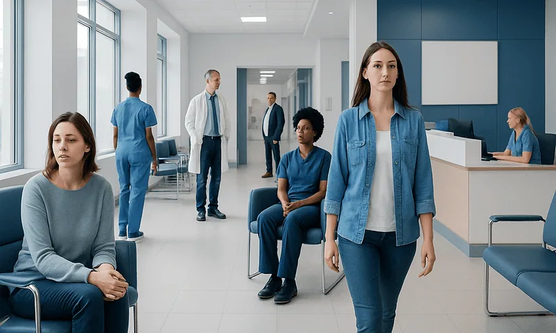 Patients waiting in a modern hospital corridor with medical staff present.