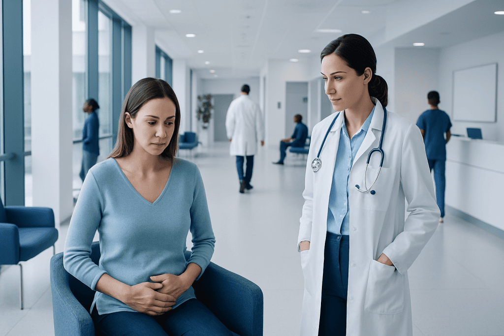 Pelvic Inflammatory Disease: Diagnosis, Outlook, and Modern Treatment Approaches 1 Doctor consulting with a patient in a modern hospital corridor.