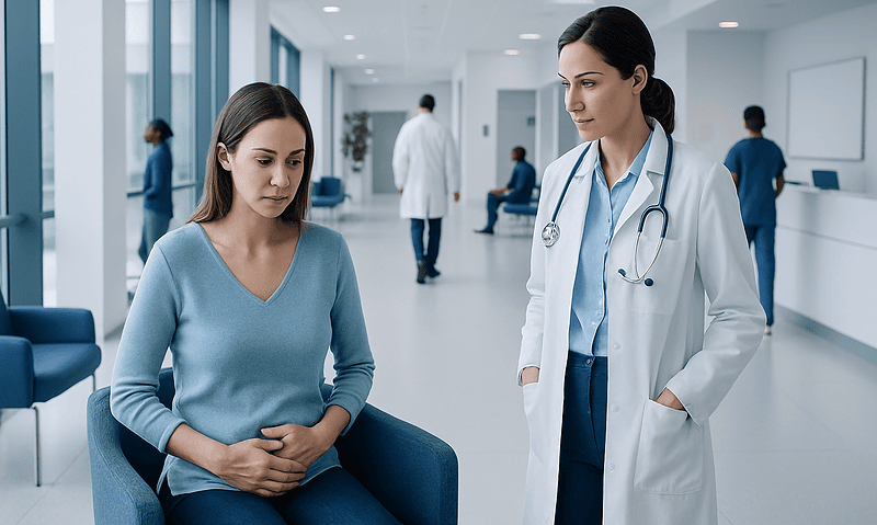 Doctor consulting with a patient in a modern hospital corridor.