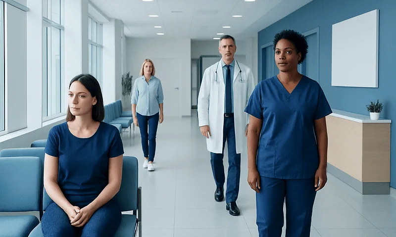 Medical team in hospital corridor with patients and staff.