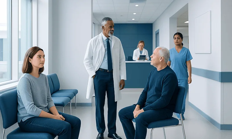 Doctor consulting with elderly patient and young woman in hospital corridor.