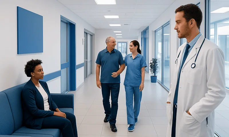 Medical professionals and patient in hospital corridor at Acibadem Hospitals Group.