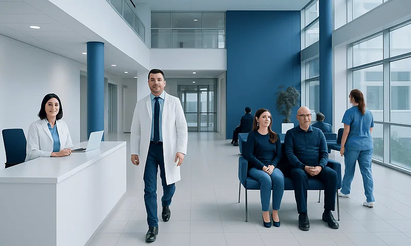 Modern hospital lobby with medical staff and patients in a bright, spacious setting.
