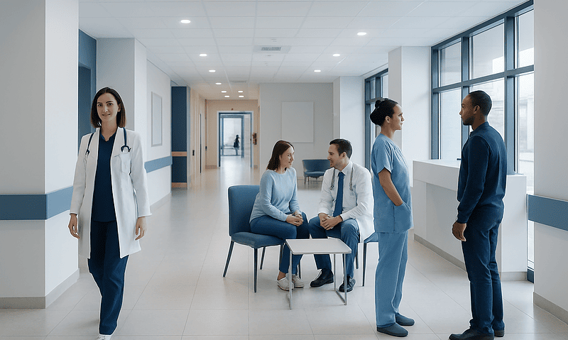 Medical professionals and patients in a hospital corridor with large windows.