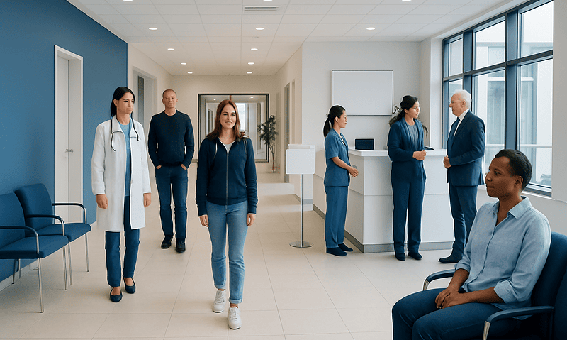 Patients and healthcare professionals in a modern hospital corridor.