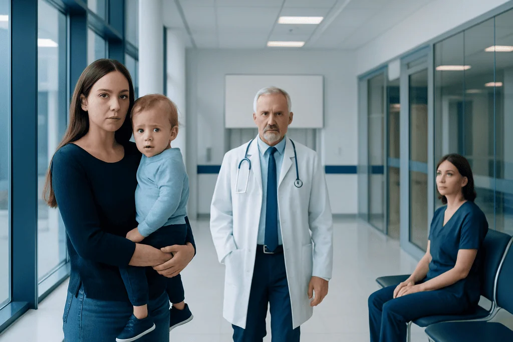 Cri Du Chat Syndrome: Diagnosis, Outlook, and Modern Treatment Approaches 1 Family with young child in hospital corridor with medical staff.