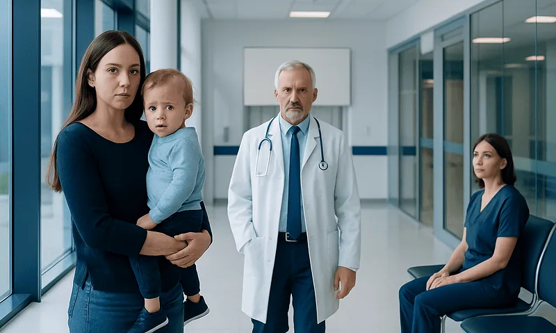 Family with young child in hospital corridor with medical staff.