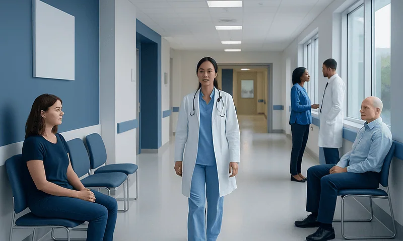 Medical professionals and patients in a hospital corridor at Acibadem Hospitals Group.