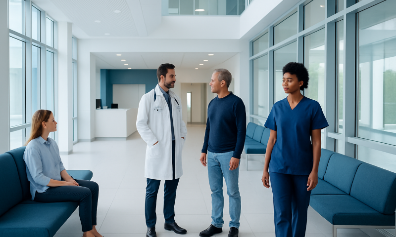 Medical staff and patients in a modern hospital lobby.