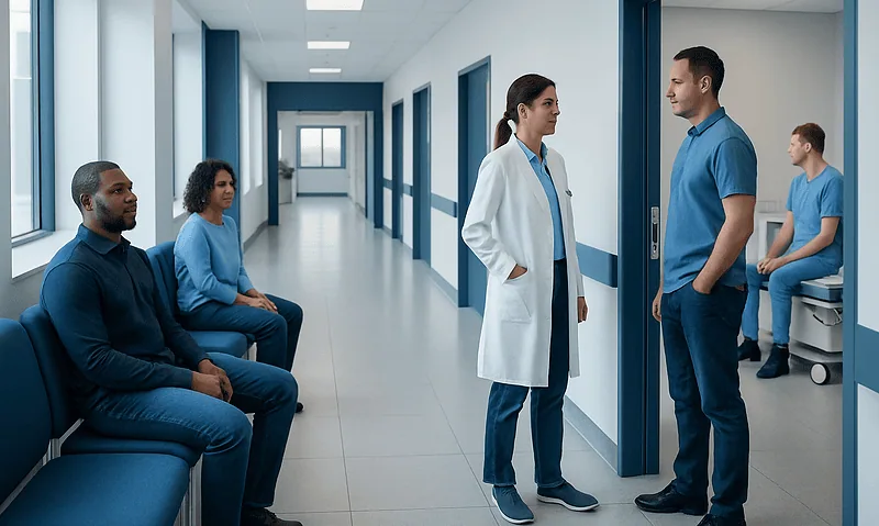 Medical consultation in hospital corridor with healthcare professionals and patients.