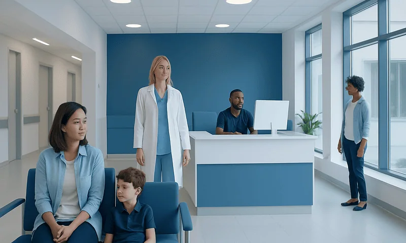 Hospital waiting area with diverse patients and staff in a modern medical facility.