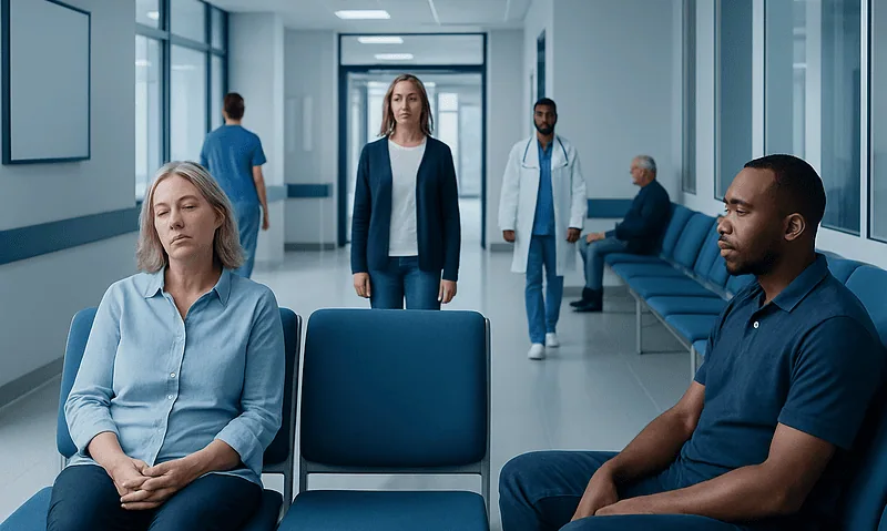 Patients waiting in a hospital corridor with a healthcare professional approaching.