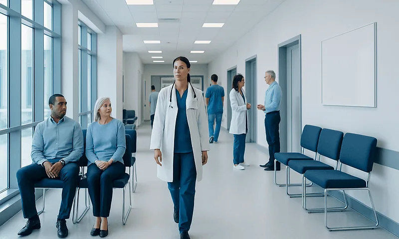 Healthcare professionals and patients in a hospital corridor.