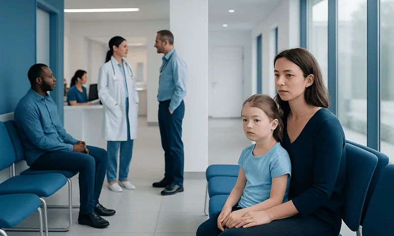 Hospital waiting area with patients and medical staff engaging in consultation.