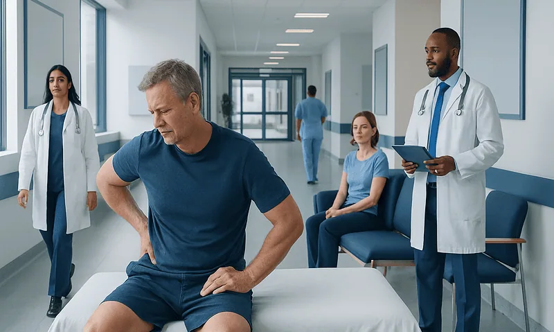 Patient experiencing back pain in a hospital corridor with medical staff nearby.