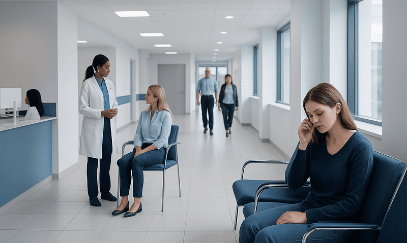 Medical consultation in a modern hospital corridor with patients and staff.