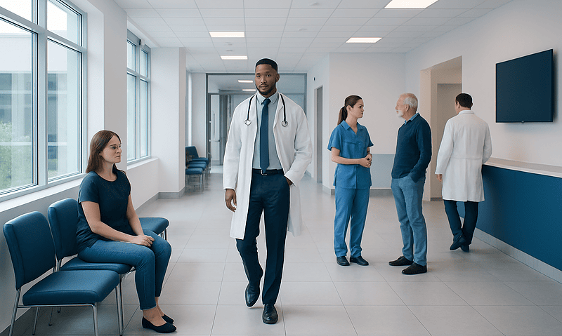Medical professionals and patient in a hospital corridor at Acibadem Hospitals Group.