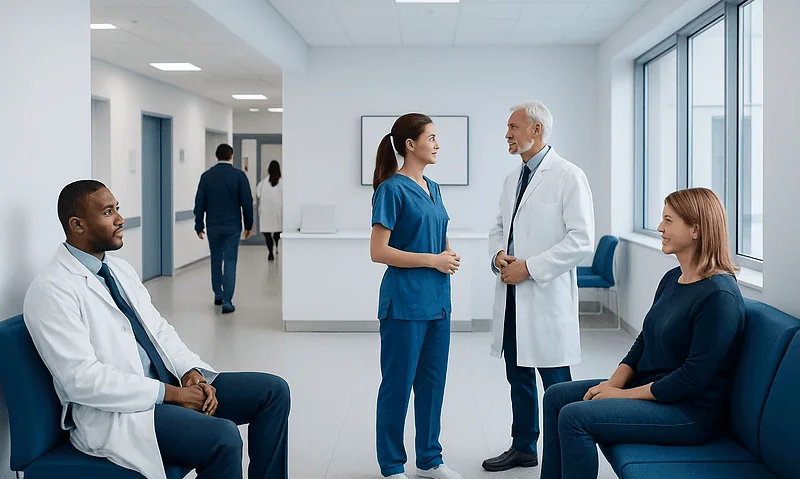 Medical team discussing patient care in hospital corridor.