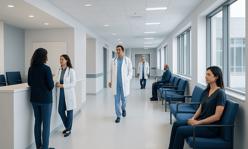 Medical professionals and patients in a modern hospital corridor.