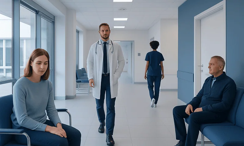 Medical consultation in a hospital corridor with patients and doctor.