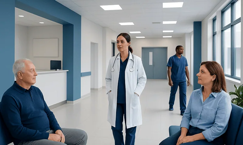 Doctor consulting with patients in a modern hospital corridor.