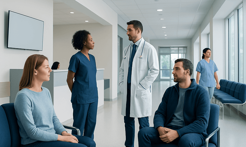 Medical team discussing patient care in hospital corridor.