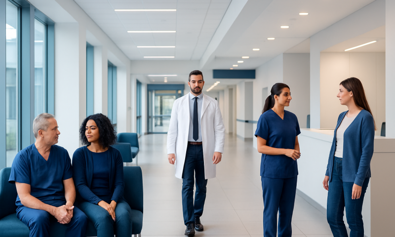 Medical staff and patients in a modern hospital corridor.