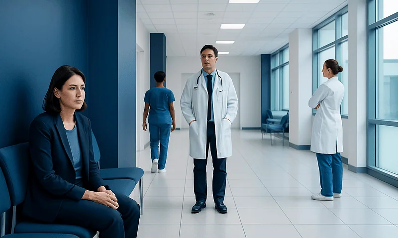 Medical professionals and patient in a hospital corridor at Acibadem Hospitals Group.