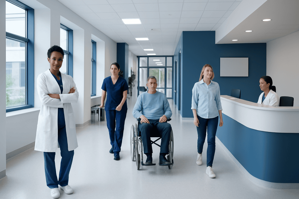Azelaic Acid: A Complete Medical Overview 1 Medical team with patient in wheelchair at hospital corridor.