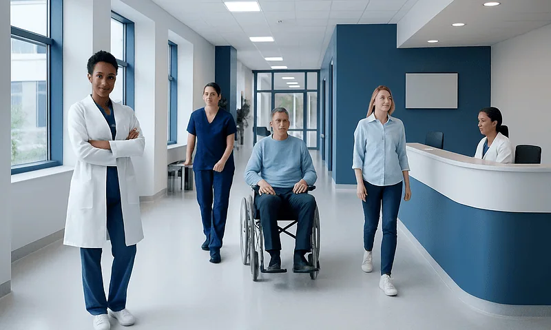 Medical team with patient in wheelchair at hospital corridor.