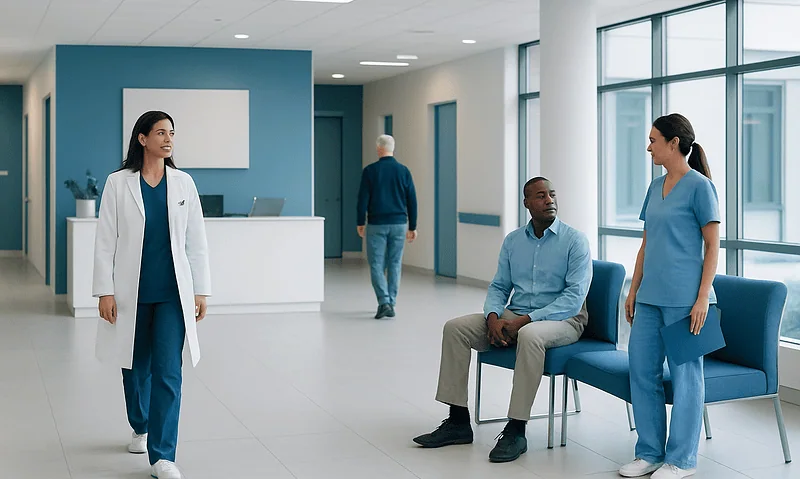 Hospital corridor with medical staff and patient in waiting area.