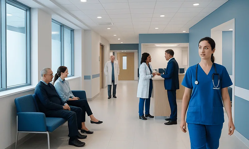 Hospital corridor with medical staff and patients in a modern healthcare facility.
